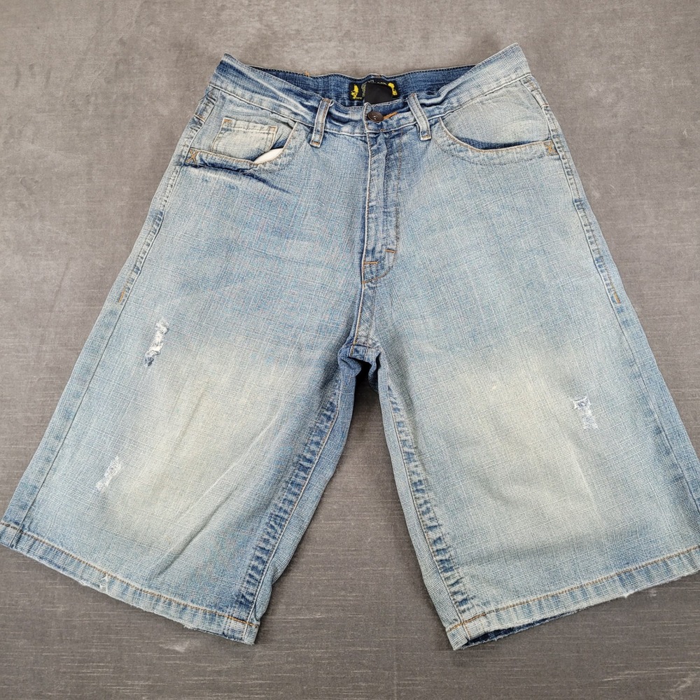 Mecca Mens Baggy Denim Shorts Size 32 Blue Distressed Embroidered Y2K Hip Hop‎